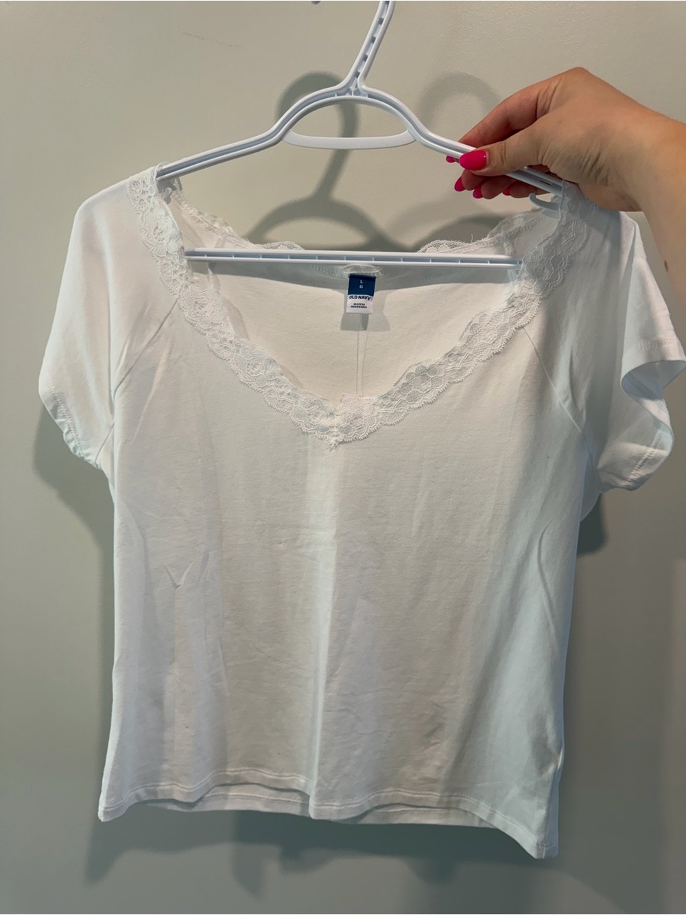 Old Navy White Short-Sleeve V-Neck Tee with Lace Trim